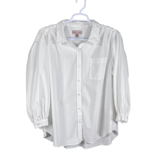 Philosophy Womans 3X White Button Up Blouse Balloon Sleeves Pocket Minimalist - Picture 8 of 16